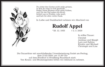 Traueranzeige von Rudolf Appel von Wetterauer Zeitung