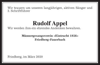 Traueranzeige von Rudolf Appel von Wetterauer Zeitung