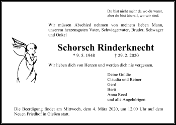 Traueranzeige von Schorsch Rinderknecht von Giessener Allgemeine, Alsfelder Allgemeine