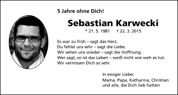 Traueranzeige von Sebastian Karwecki von Wetterauer Zeitung
