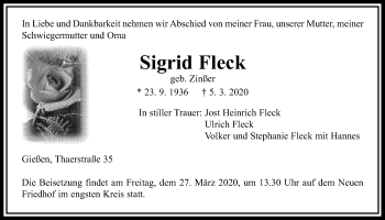 Traueranzeige von Sigrid Fleck von Giessener Allgemeine, Alsfelder Allgemeine