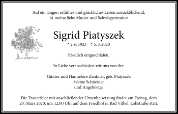 Traueranzeige von Sigrid Piatyszek von Bad Vilbel/Karben