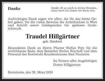 Traueranzeige von Traudel Hillgärtner von Wetterauer Zeitung
