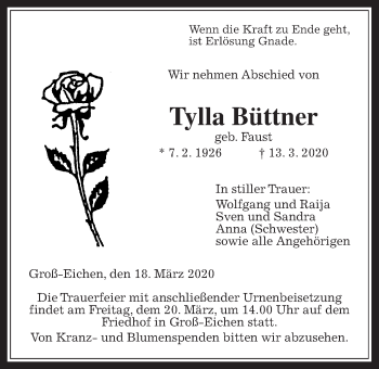 Traueranzeige von Tylla Büttner von Alsfelder Allgemeine