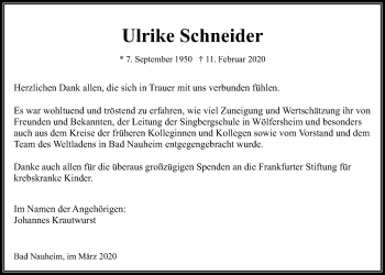 Traueranzeige von Ulrike Schneider von Wetterauer Zeitung