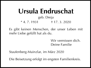 Traueranzeige von Ursula Endruschat von Giessener Allgemeine, Alsfelder Allgemeine