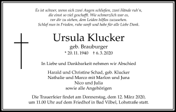 Traueranzeige von Ursula Klucker von Bad Vilbel/Karben