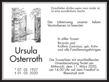 Traueranzeige von Ursula Osterroth von Wetterauer Zeitung