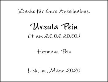 Traueranzeige von Ursula Pein von Licher Wochenblatt