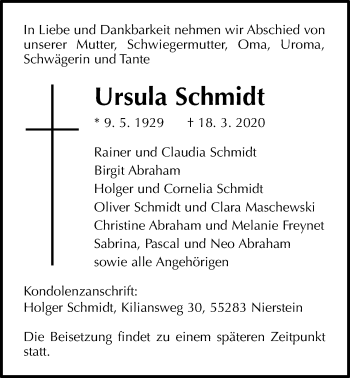 Traueranzeige von Ursula Schmidt von Giessener Allgemeine, Alsfelder Allgemeine
