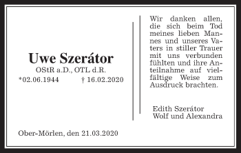 Traueranzeige von Uwe Szerator von Wetterauer Zeitung