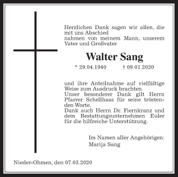 Traueranzeige von Walter Sang von Giessener Allgemeine, Alsfelder Allgemeine