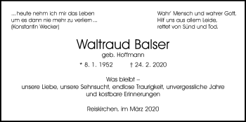 Traueranzeige von Waltraud Balser von Giessener Allgemeine, Alsfelder Allgemeine