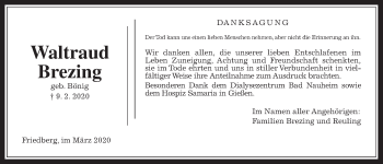 Traueranzeige von Waltraud Brezing von Wetterauer Zeitung