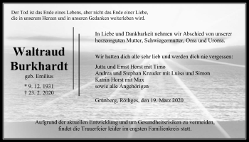 Traueranzeige von Waltraud Burkhardt von Giessener Allgemeine, Alsfelder Allgemeine