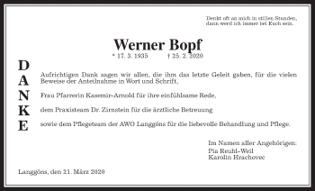 Traueranzeige von Werner Bopf von Giessener Allgemeine, Alsfelder Allgemeine