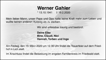 Traueranzeige von Werner Gahler von Licher Wochenblatt