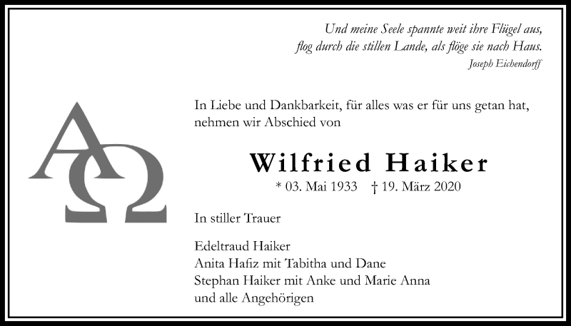  Traueranzeige für Wilfried Haiker vom 26.03.2020 aus Bad Vilbel/Karben