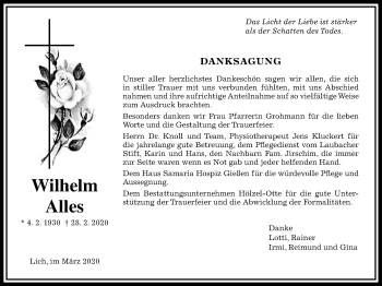 Traueranzeige von Wilhelm Alles von Licher Wochenblatt