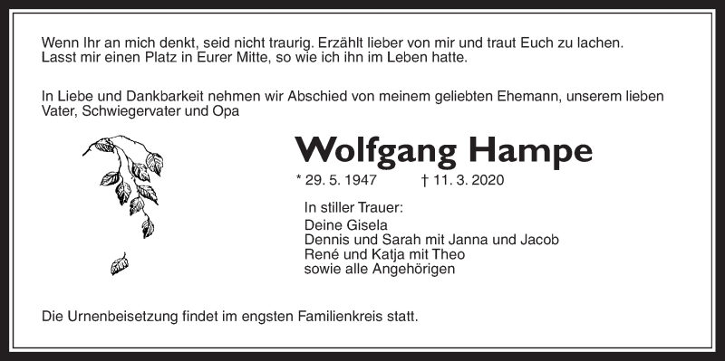  Traueranzeige für Wolfgang Hampe vom 21.03.2020 aus Wetterauer Zeitung