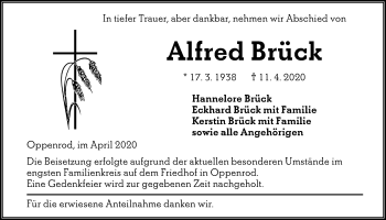 Traueranzeige von Alfred Brück von Giessener Allgemeine, Alsfelder Allgemeine
