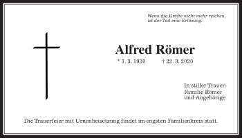 Traueranzeige von Alfred Römer von Giessener Allgemeine, Alsfelder Allgemeine