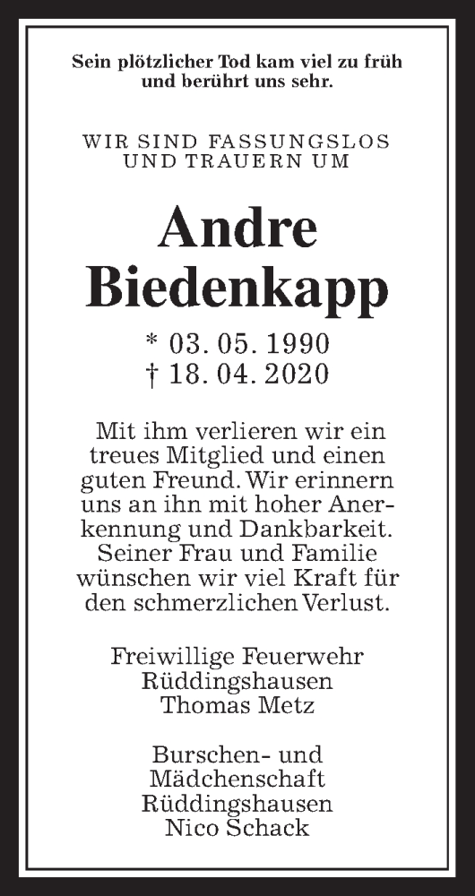  Traueranzeige für Andre Biedenkapp vom 23.04.2020 aus Giessener Allgemeine, Alsfelder Allgemeine