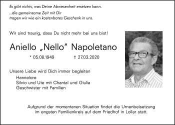 Traueranzeige von Aniello Napoletano von Alsfelder Allgemeine, Giessener Allgemeine