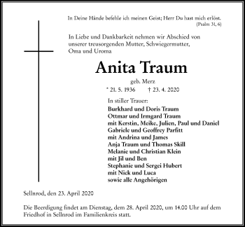 Traueranzeige von Anita Traum von Alsfelder Allgemeine