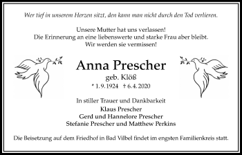 Traueranzeige von Anna Prescher von Bad Vilbel/Karben