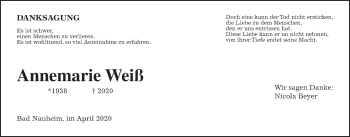 Traueranzeige von Annemarie Weiß von Wetterauer Zeitung
