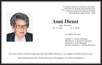 Traueranzeige von Anni Dienst von Wetterauer Zeitung