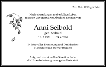 Traueranzeige von Anni Seibold von Bad Vilbel/Karben