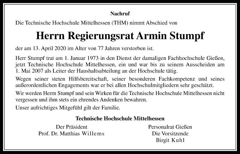  Traueranzeige für Armin Stumpf vom 25.04.2020 aus Giessener Allgemeine, Alsfelder Allgemeine