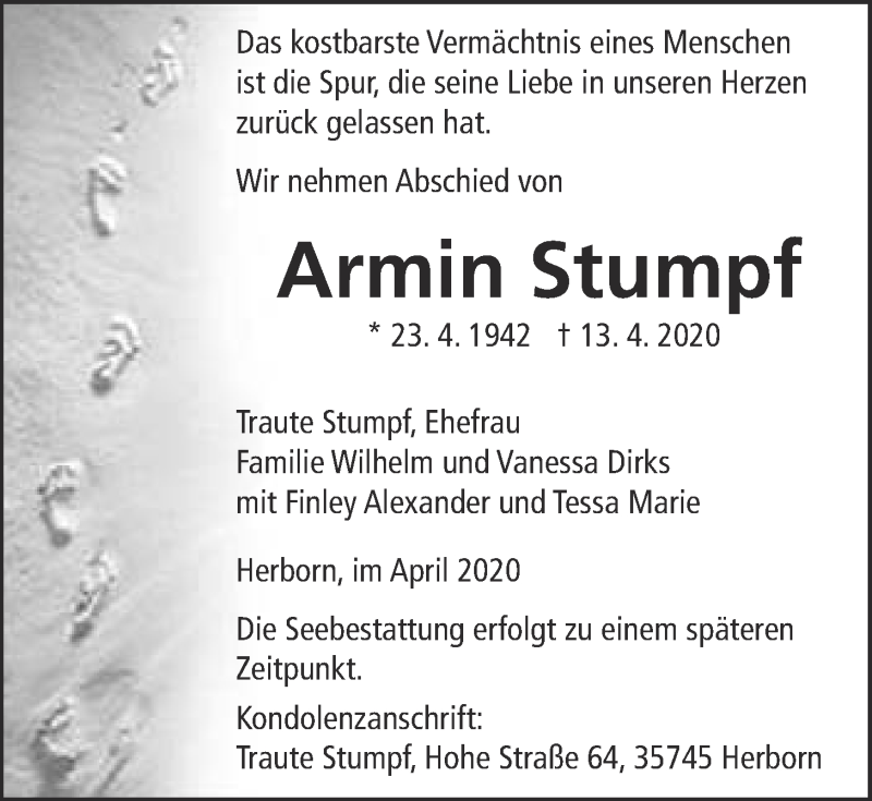  Traueranzeige für Armin Stumpf vom 18.04.2020 aus Giessener Allgemeine, Alsfelder Allgemeine