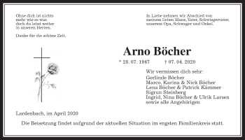 Traueranzeige von Arno Böcher von Giessener Allgemeine, Alsfelder Allgemeine