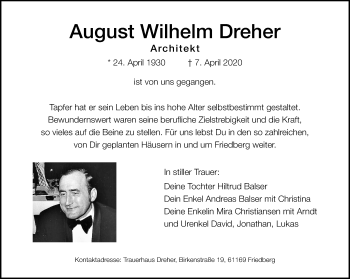 Traueranzeige von August Wilhelm Dreher von Wetterauer Zeitung