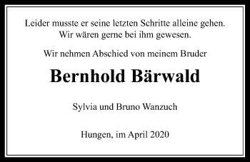 Traueranzeige von Bernhold Bärwald von Licher Wochenblatt