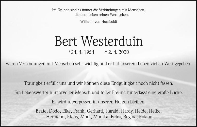  Traueranzeige für Bert Westerduin vom 23.04.2020 aus Bad Vilbel/Karben