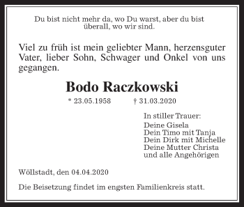 Traueranzeige von Bodo Raczkowski von Wetterauer Zeitung
