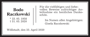 Traueranzeige von Bodo Raczkowski von Wetterauer Zeitung