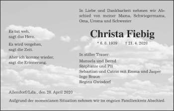 Traueranzeige von Christa Fiebig von Giessener Allgemeine, Alsfelder Allgemeine