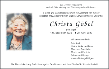 Traueranzeige von Christa Göbel von Wetterauer Zeitung