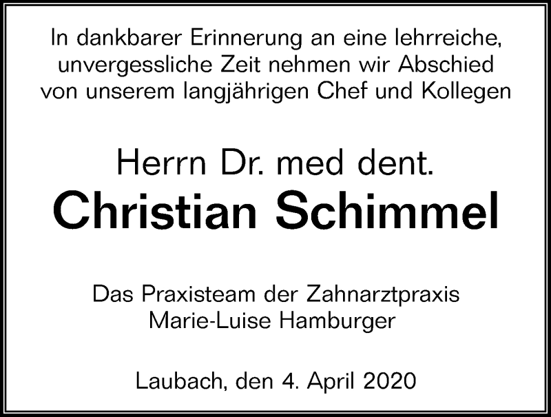  Traueranzeige für Christian Schimmel vom 08.04.2020 aus Alsfelder Allgemeine, Giessener Allgemeine