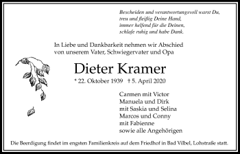 Traueranzeige von Dieter Kramer von Bad Vilbel/Karben