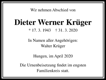 Traueranzeige von Dieter Werner Krüger von Licher Wochenblatt