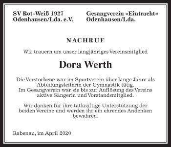 Traueranzeige von Dora Werth von Rabenauer Zeitung