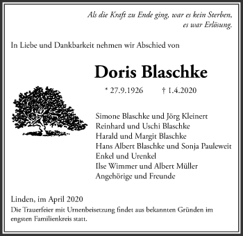 Traueranzeige von Doris Blaschke von Giessener Allgemeine, Alsfelder Allgemeine
