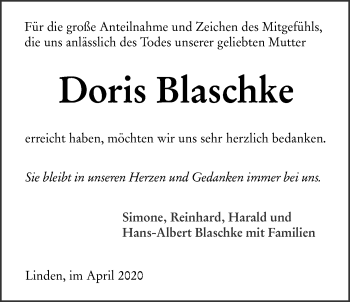 Traueranzeige von Doris Blaschke von Giessener Allgemeine, Alsfelder Allgemeine