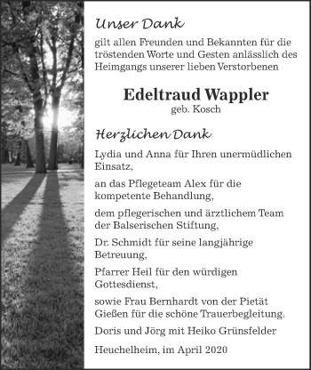 Traueranzeige von Edeltraud Wappler von Alsfelder Allgemeine, Giessener Allgemeine